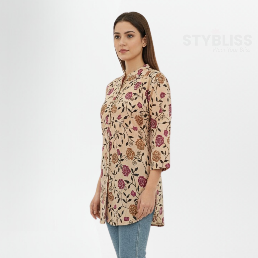 Band Collar neck 3/4 sleeve floral top for casual wear
