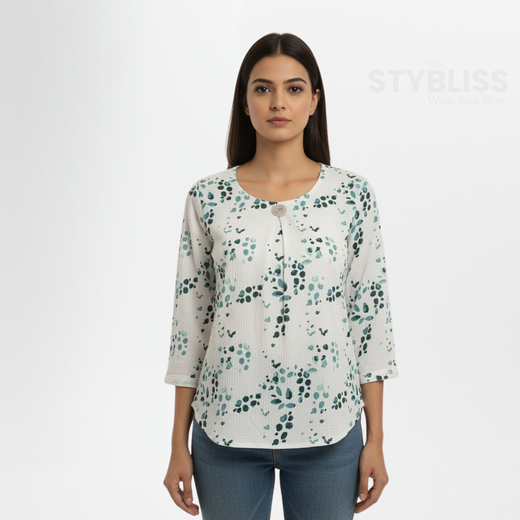 Shop this trendy western white short top with vibrant green prints. Features a round neck, 3/4 sleeves, and a perfect fit for jeans or pants. Ideal for Gen Z fashion lovers.
