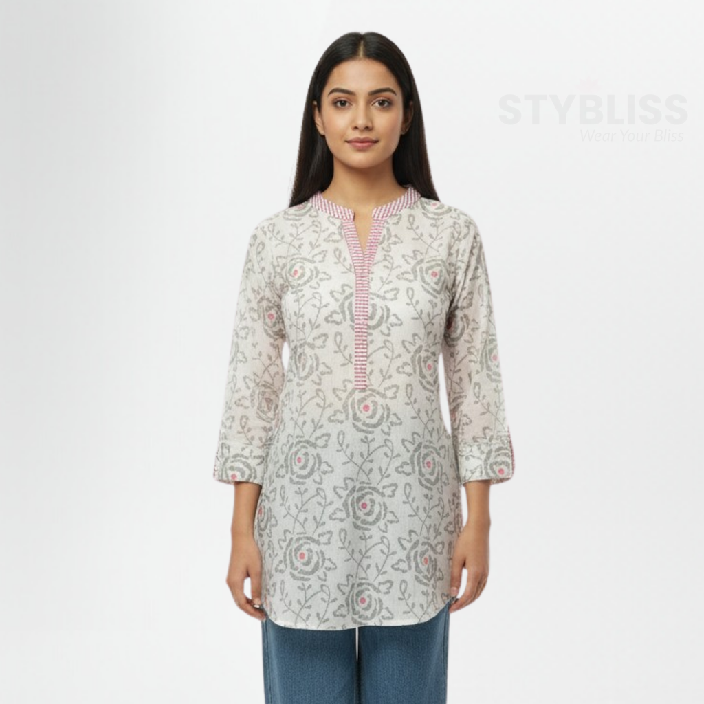 Trendy white tunic top with floral print and pink highlights – Stybliss