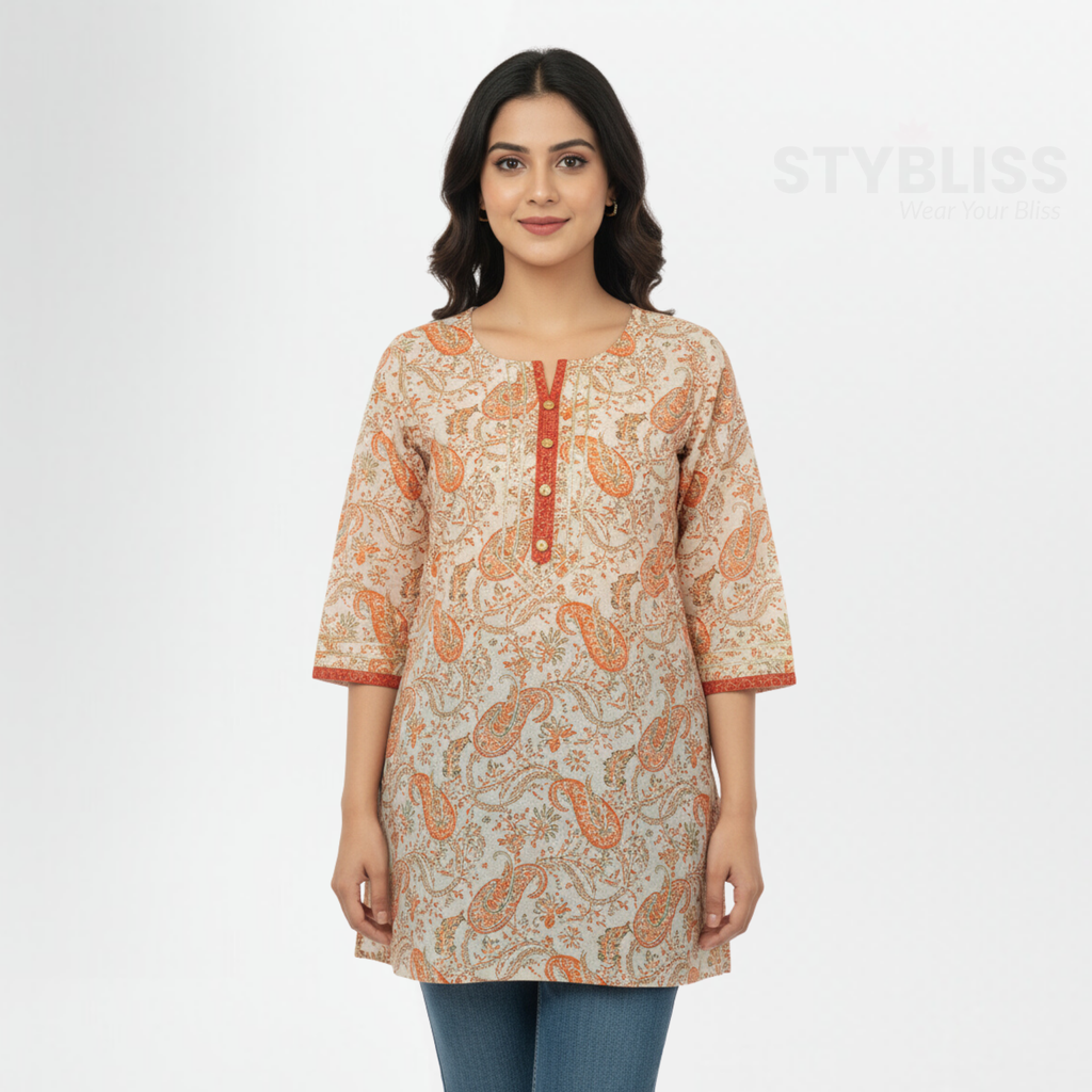 Woman wearing a patterned beige and orange kurta with blue jeans on a white background, branded 'Stybliss'.